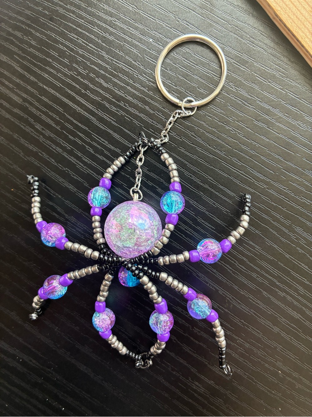Handmade Beaded Keychain - Purple, Grey & Blue Beads